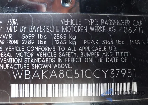 2012 BMW 750I z USA, uszkodzony, nr VIN WBAKA8C51CCY37951